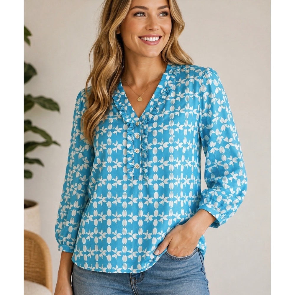 Skirtin Around Silk Blouse Turquoise White Geometric Floral V-Neck Top Small